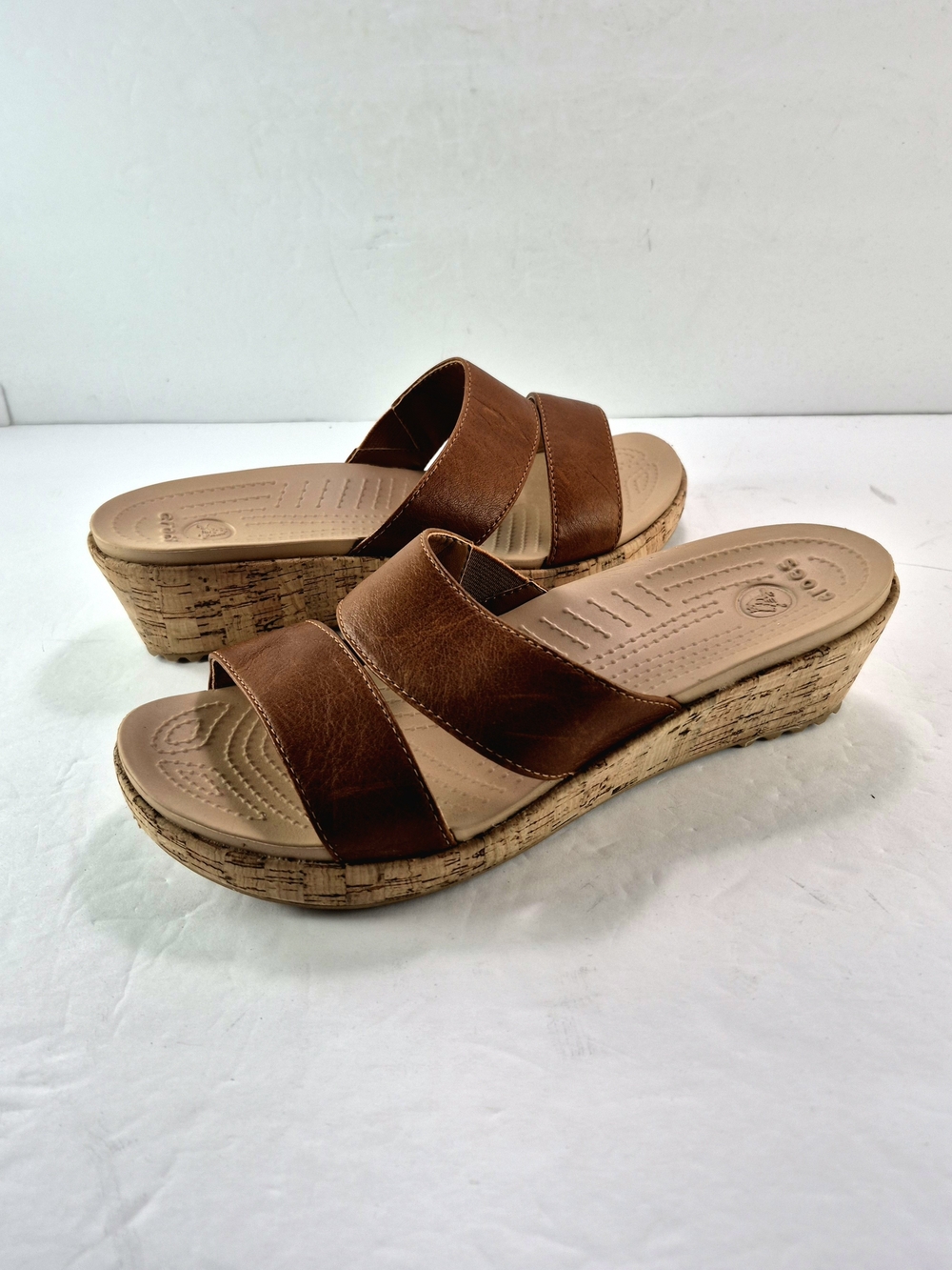Crocs A-Leigh Leather Mini Wedge Slide Sandals Brown 16205 Size 9 Rare Casual